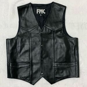 FMC Leather Biker Vest Men's Size 46 Black Snaps V-Neck Pockets